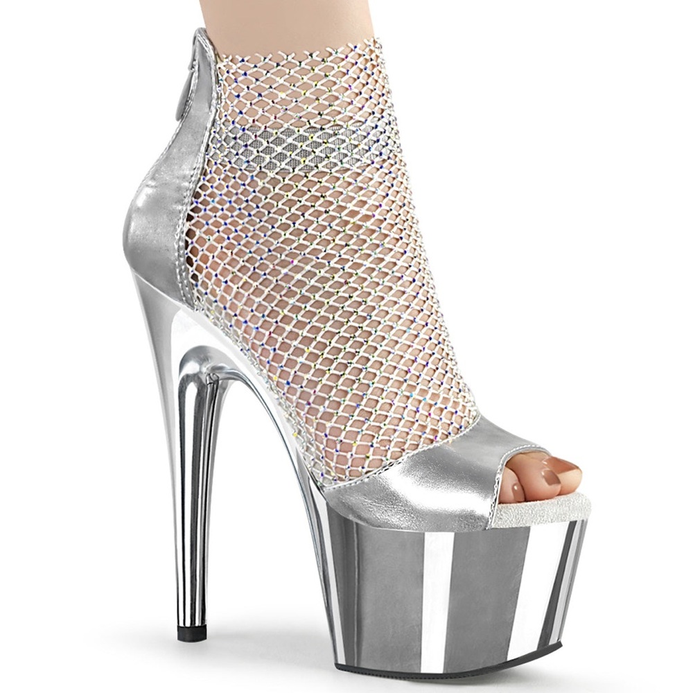 Pleaser Silver Metallic Mesh Peep-Toe Platform Heels
